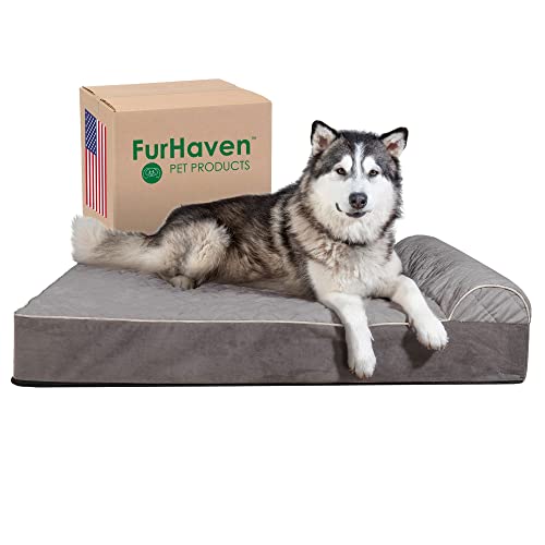 Furhaven Orthopedic Dog Bed For Extra Large Dogs W/ Bonus Water-Resistant Liner & Removable Washable Cover, For Dogs Up To 300 Lbs - Goliath Quilted Faux Fur & Velvet Bolster Chaise - Gray, 3Xl #TOP18