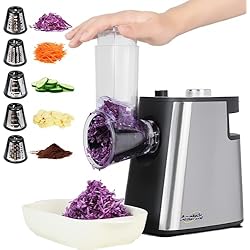Picadora De Queso Electrica Anatole Cortador de Verduras Eléctrico Rallador de Queso Multifuncional de Acero Inoxidable Rebanadora de Patatas con 5 Cuchillas Espiralizador de Cocina Casa Picadora de Zanahorias Cebollas