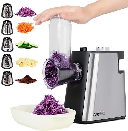 Anatole Electric Cheese Grater Stainless Steel Vegetable Slicer Shredder Potato Cutter Carrot Spiralizer 5 in 1 Chopper Rotary Salad Maker Machine with 5 Blades for Home Kitchen BPA-Free