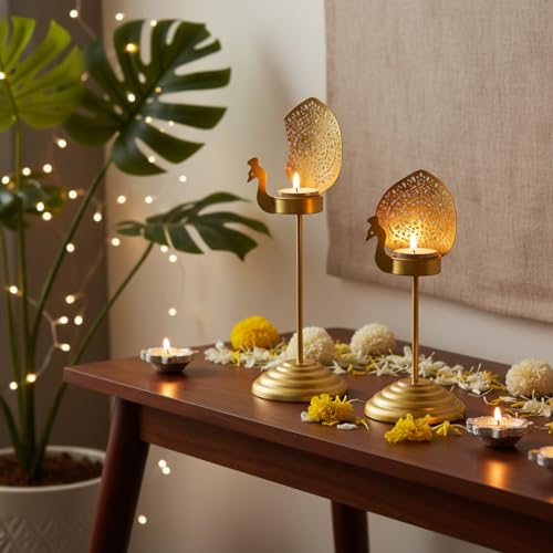 Image of 2 Metal Tea Light Holder Stand | Peacock Yellow Candle Holder Home Decor | Perfect for Living Room, Bedroom, Pooja Space, Festive Decor, Weddings, Housewarming & Gifting Ideal for Diwali, Wedding