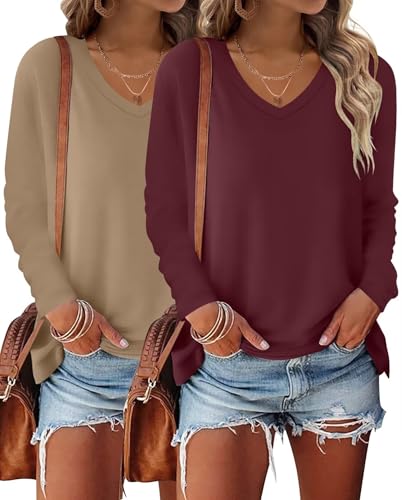 Bliwov 2 Pack Womens Long Sleeve V Neck Tops Fall Winter Outfits Spring Trendy T Shirts 2026 Casual Fashion Clothes