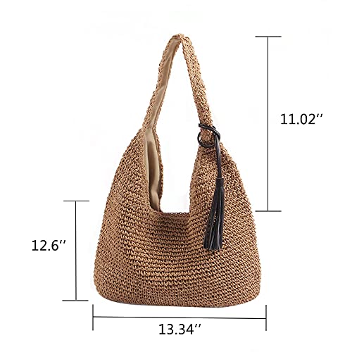 Bolso de hombro grande tejido de paja con flecos negros miniatura 6