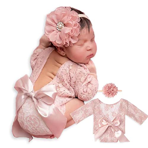 Image of ForBaysy Newborn Photography Props Girl Outfit Lace Romper Match Cute Flower Headband Newborn Dress Posing Props