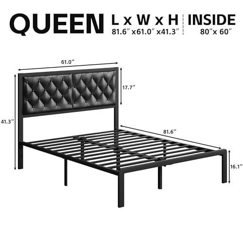 Fluest Queen Bed Frame with Headboard, PU Leather Upholstered, Metal Slats Support, Storage Space, Easy Assembly, Noise Free, No Box Spring Needed, Black  
Fluest Queen Bed Frame, All Metal Slats Support, Storage Space, Easy Assembly, Noise Free, No