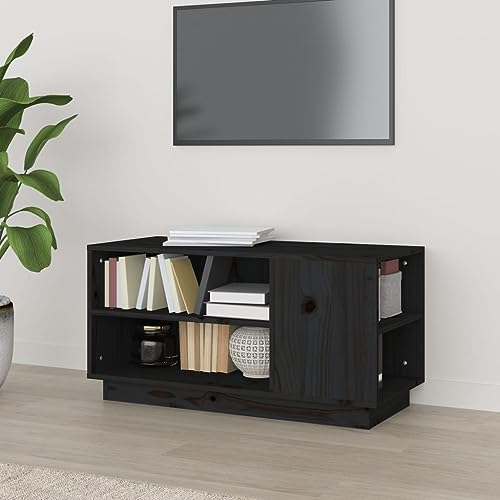 Woonisher Meuble TV Noir 80x35x40,5 cm Bois de pin Massif Ensemble Meuble TV et Table Basse