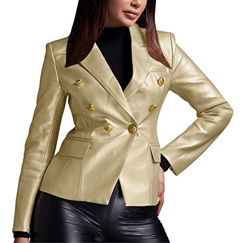 HANXIULIN Femme Manteau Tricot Femme Couleur unie Courte Combinaison En Cuir Veste De Moto Manteau Femme Taille 48, or, XXL Cover