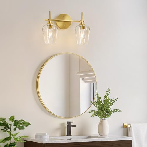 Image of MOKATNG 2-Light Bathroom Light Fixtures, Gold Vanity Lights for Bathroom with Clear Glass, Bathroom Lighting Fixtures Over Mirror, Modern Wall lamp for Cabinet Hallway