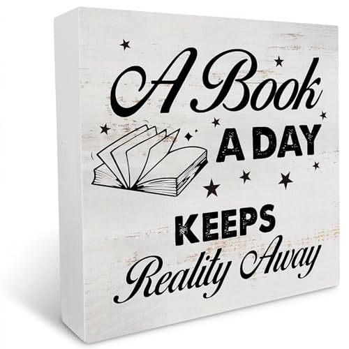 A Book A Day Keeps Reality Away Wood Box Sign With Saying Desk Decor Book Lover Box Sign Wood Plaque Block Sign Library Rustic Desk Shelf Art 5X5 Inches
