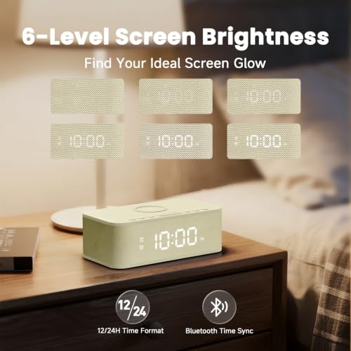 Image of Digital Alarm Clock White Noise, Loud Digital Alarm Clocks Bedrooms, Alarm Clock Speaker Wireless Charger AUX USB Bluetooth Speaker 12 /24H Dual Alarm Snooze Adjustable Brightness, Cream
