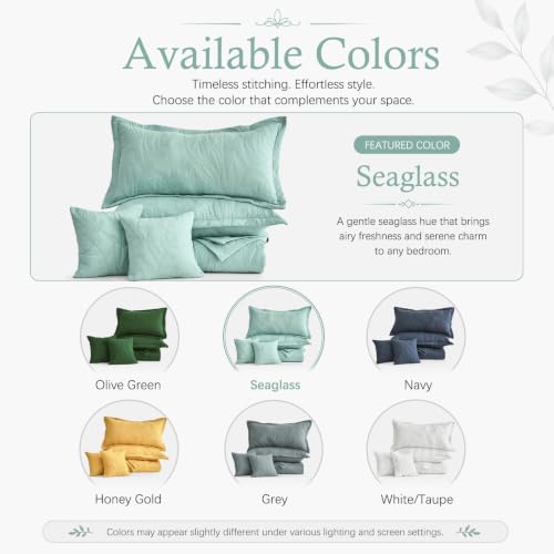 Image of HZ & HY Botanical Oversized King Bedspread, Stitched Leaf Quilt Set King /Cal King, Lightweight Reversible Coverlet, Tailored Edge - Fresh Natural Look, 5 Piece, Seaglass