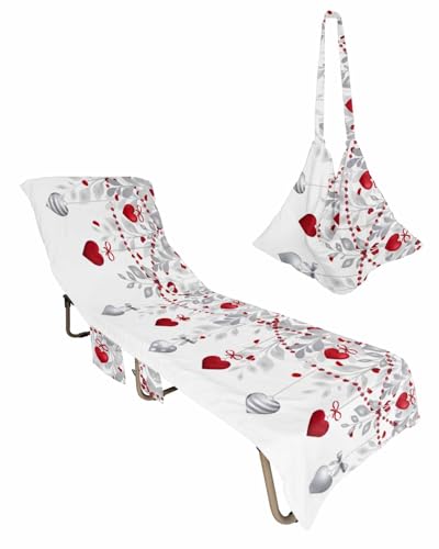 Red Grey Love Heart Beach Lounge Chair Towel Cover, Soft Chaise Lounge Towel with Side Pockets Patio Pool Chairs Cover for Beach/Pool Sunbathing 29x85 Valentine Botanical