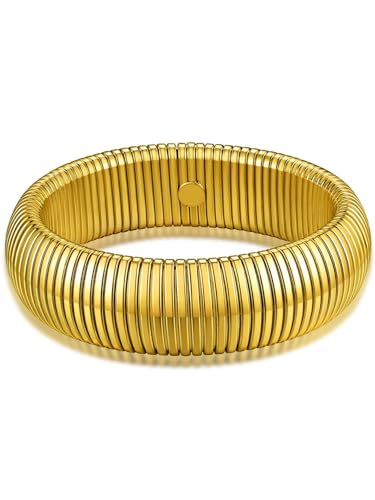 KeyStyle Bangle Bracelets for Women, Stainless Steel Stretch Bracelet Flexible Wide Link Chain Gold Wristband GoldChic Twisted Jewelry, 10mm, 16mm, 20mm
