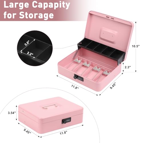 Image of KYODOLED Large Cash Box with Combination Lock, Money Box with Cash Tray, Lock Safe Box with Key, Money Saving Organizer, 11.81Lx 9.45Wx 3.54H Inches, Pink XL Large