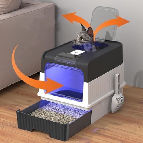 【Auyyhui】 猫トイレ 大型 折りたたみ式 密閉式ふた付き LED ライト付き 砂飛び散り防止 砂落とし 臭い抑制 犬猫用 引き出し式 お手入れ簡単 ペット用トイレP22