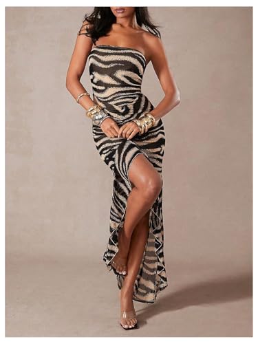 GORGLITTER Women's Animal Print Strapless Mesh Maxi Dresses Trendy 2025 Ruffle Backless Cocktail Party Tube Top Dresses2