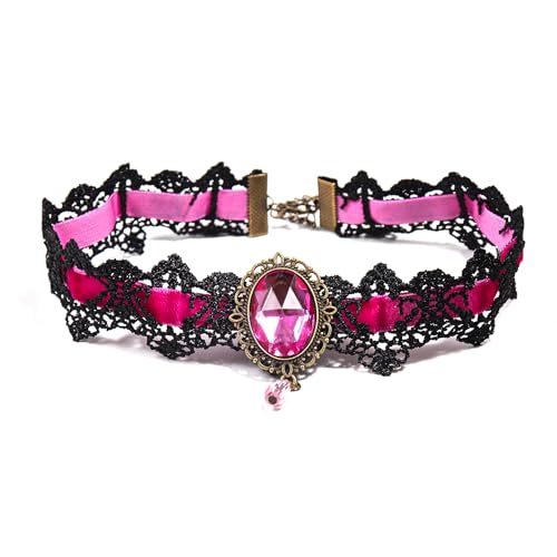 Pingyongchang Lace Choker Necklace Black Lace Crystal Choker Necklace for Women Halloween Weeding Costume Party Prom Vampire Pendant Choker for Women Gothic Jewelry-Pink