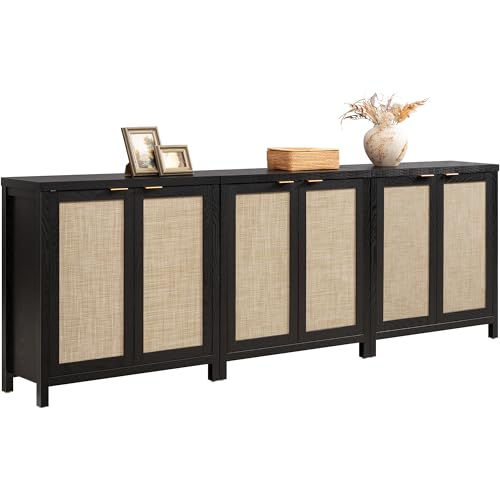 Image of SICOTAS Rattan Sideboard Buffet Storage Cabinet - 3 Pieces Boho Farmhouse Coffee Bar Cabinet Credenza Cabinet with Storage and Rattan Decorated Doors for Home Kitchen, Black