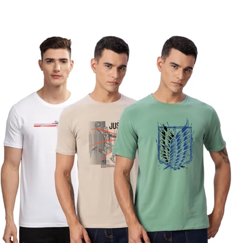 Image of ADRO 100% Cotton Lycra Tshirts for Men Combo Pack of 3 | Regular Fit | Printed T Shirt | Round Neck Half Sleeve| Mens Tshirts