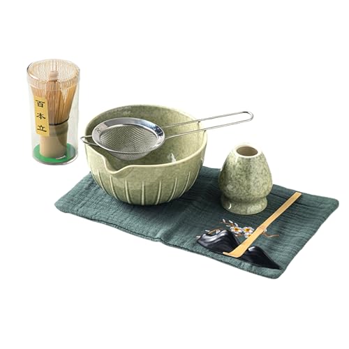 Lrocotanc Kit Completo de Matcha – Set de 7 Piezas con Batidor de Bambú, Cuenco de Cerámica, Colador, Cucharilla y Soportes, Apto para Lavavajillas, Ideal para Principiantes y Regalo