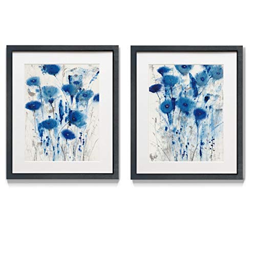 Renditions Gallery Blue Impressions 2 Framed Artwork Set, Colorful Botanical, Flower Art, Abstract Blue, White, Black Matte Frame, White Mat & Plexiglass, 16 In W X 20 In H, Made in America