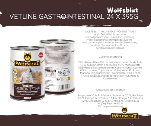 Wolfsblut Vetline Hundefutter - GASTROINTESTINAL, 24x395g - Sparbundel, Sparpaket - inklusive Warnicks Tierfutterservice Hundesnack Goodie