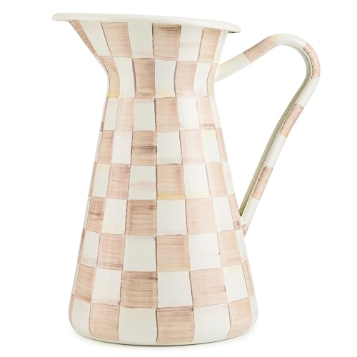 MACKENZIE-CHILDS Practical Enamel Pitcher with Spout, Drink Pitcher for Iced Tea or Water, Flower Vase, Large, Brown-and-White Mocha Check