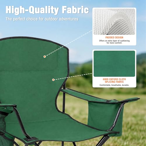 Image of Camping Chairs for Adults, 2 Pack Heavy Duty Folding Chair with 4-Can Cooler Bag, Portable Outdoor Chair with Cup Holder, Collapsible for Tailgating, Beach, Fishing, Green