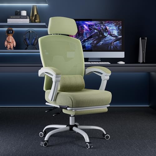 DUMOS Office Desk Chair with Footrest Ergonomic Gaming Chair for Adults Computer Mesh, Lumbar Support,Swivel Reclining with Headrest, Comfy Armrest for Home, Office, Work, Study, Light Green - Image 3