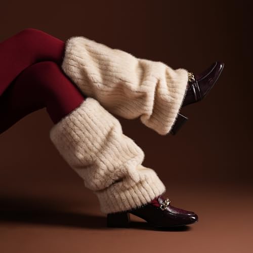 Image of Theater Women Ribbed Fur Leg Warmer - Cream | Soft Faux Fur with Ribbed Knit Base | Cozy Winter Layering Accessory | Stretchable & Free Size