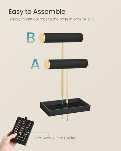 Image of SONGMICS Bracelet Holder Stand, Jewelry Display Stand, Jewelry Organizer, with 2 Tiers and Velvet Tray, Removable Ring Holder, Ink Black and Pale Gold UJJS039B101