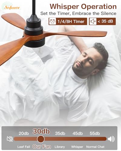 Image of Sofucor 48 Inch Smart Wood Ceiling Fans with Lights, Flush /Downrod Mount | Alexa /App /Remote Control, Quiet Reversible DC Motor, 3CCT Dimmable, Timer, Indoor /Covered Outdoor /Bedroom /Living Room, Brown