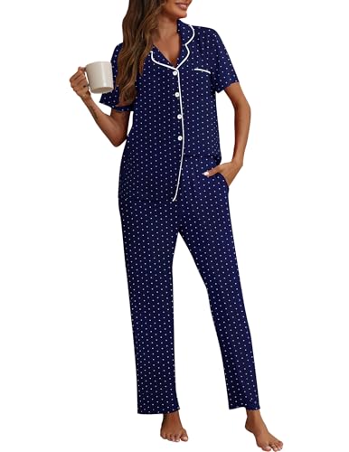 Image of HNG Women Pajamas Set 2 Piece Button Up Pajamas Pant and Short Sleeve Shirt for Woman Pj Sets with Pocket
