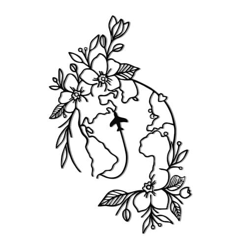 YATEASLU Metal Travel Wall Decor, Travel Themed Decor with World Map Design, Bedroom & Living Room Wall Art Gift for Travelers (Flower & Plane)