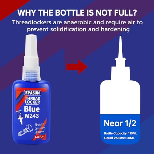 Image of EPASUN 50ml Threadlocker Blue M243, Thread Lock Medium Strength Lock Tight for Nuts, Bolts, Fasteners, and Metals to Prevent Loosening and Corrosion