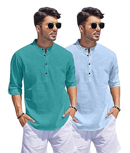 Image of Bellstone Men's Cotton Blend Straight Kurta Shirt Combo with Mandarin Collar - Slim Fit Casual Short Kurti Set Featuring Textured Slub Fabric and Roll-Up Full Sleeves