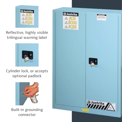 Image of Justrite Acid Corrosive Storage Cabinet - 45 Gallon 2 Door Self Close Chemical Storage Cabinet with Removable Polyethelene Trays - 18 inch x 65 inch x 43 inch - Made in The USA - Light Blue - 894522
