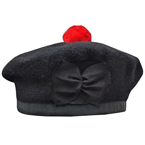 New Scottish Black Wool Balmoral Plain Hat with Red Pompom on Top (7 1/8 - (UK 57))3