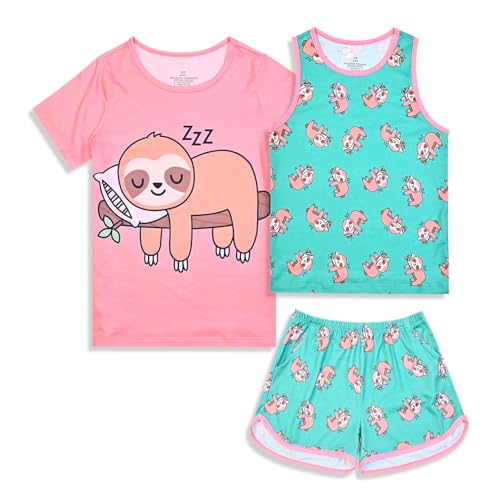 QPANCY Girls Pajamas Kids Casual Loungewear Sleepwear Cotton 3 Pieces Shirts&Tank Shorts Pjs Sets