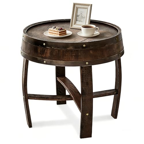 HamRoRung Whiskey Barrel Table Rustic Wine Barrel End Table Handcrafted Round Wooden Bourbon Coffee Desk for Vintage Wine Bar and Home Dcor