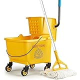 MRDARENSU 33 Qt Commercial Mop Bucket, with Side-Press Wringer on Wheels. Includes an Industrial Mop. Yellow Industrial Mop Bucket, Suitable for Home, Commercial, Restaurant Cleaning