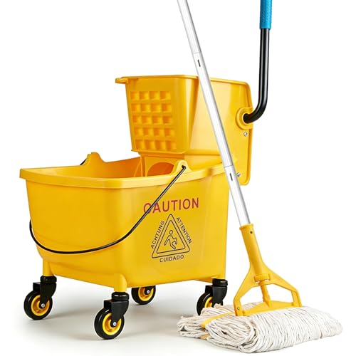 MRDARENSU 33 Qt Commercial Mop Bucket, with Side-Press Wringer on Wheels. Includes an Industrial Mop. Yellow Industrial Mop Bucket, Suitable for Home, Commercial, Restaurant Cleaning