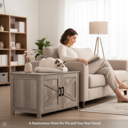 image for Homhedy Cat Litter Box Enclosure, Wooden Cat Washroom Furniture with B