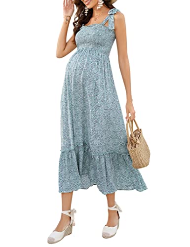 Image of KOJOOIN Women's Petite Plus Size Spaghette Strap Boho Maxi Prenancy Dress, Light Green/Blue Floral
