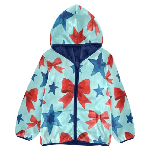 Red Bows and Blue Stars Toddler Fleece Jacket Girl Boys Hooded Fleece Jacket Coat Warm Outwear Zip-up 3-10T