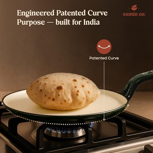 Image of CUMIN CO. Enamel Cast Iron Roti Tawa | 26 cm, 2.3 Kg | Color: Grey | Curved Surface Tawa for Roti, Chapati, Paratha | Preheat 4 Minutes to Activate Natural Non-Stick Ability, No Seasoning Required