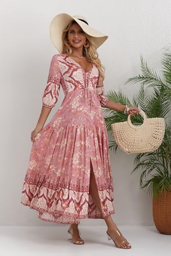 Image of Women Short Sleeve V Neck Floral Print Casual Bohemian Maxi Dresses