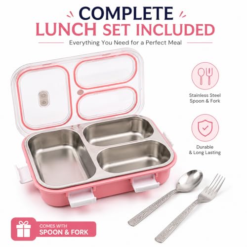 Image of 950ML Stainless Steel Bento Lunch Box |3 Compartments, Leakproof Tiffin Box with Spoon & Fork for School | Office & Travel (Pink)