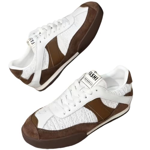Retro Patchwork Design Lace-up Sneakers for Women Round Toe Genuine Suede Leather German Army Trainer Shoes Lightweight Daily Casual