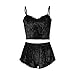 RUEWEY Women Sexy Strappy Babydoll Lingerie Satin Pajama Set Camisole with Shorts 2 Piece Sleepwear (XL, T-Black)