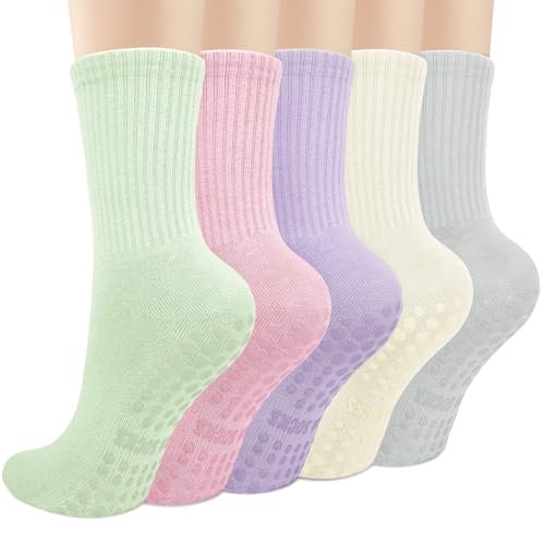Tialfas 5 Pares Calcetines de Pilates con Agarres para Mujeres - Algodón Suave Antideslizantes para Yoga Barra de Ballet Baile Gimnasio Fitness Trampolín Hospital y Hogar
